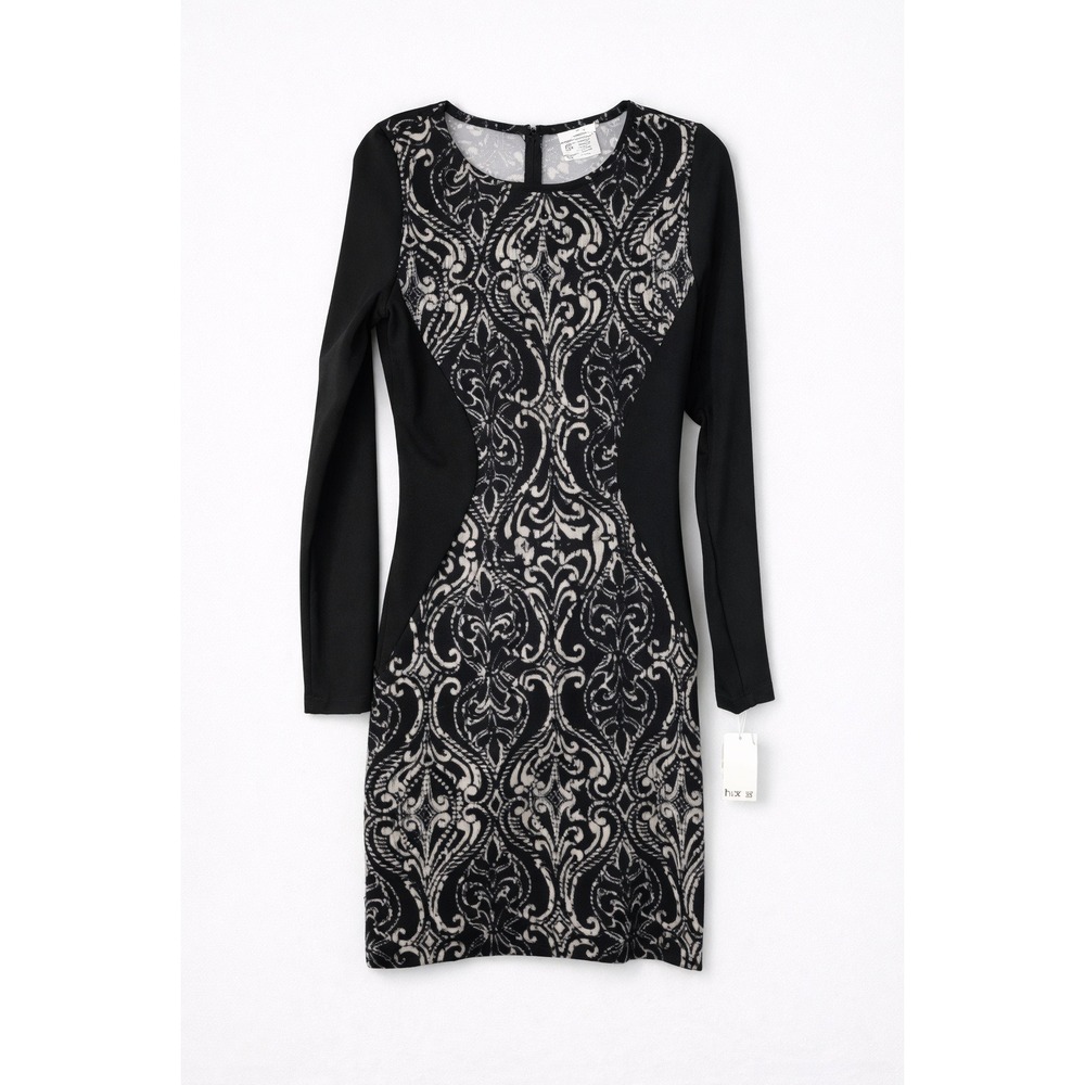 NWT Bar III Long Sleeve Bodycon‎ Dress XL Black Cream Scroll Print- Made in USA